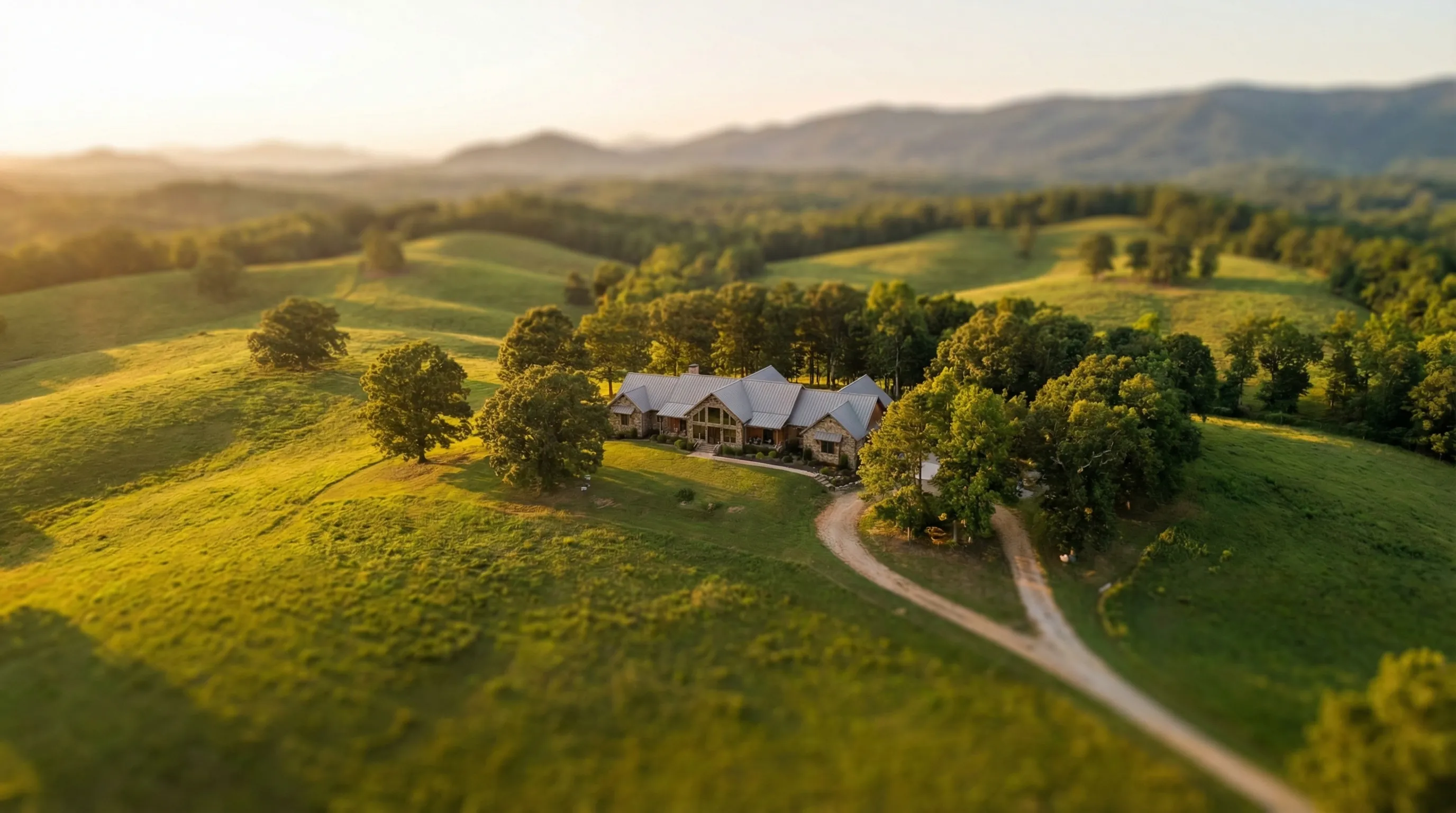 Aerial view of a single-story ranch home in North Georgia at golden hour