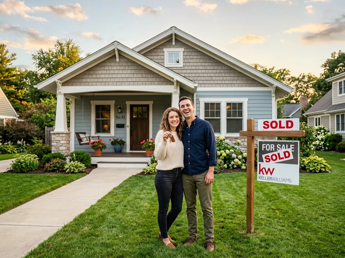 Happy couple with keys in front of new home